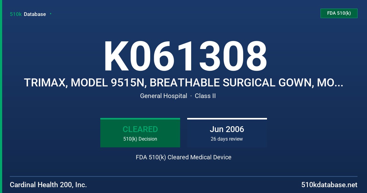 K061308 TRIMAX, MODEL 9515N, BREATHABLE SURGICAL GOWN, MODELS 3247AN AND 9015N AND OPTIMA OR SURGICAL GOWN, MODEL 9506N FDA 510(k) Cleared Medical Device