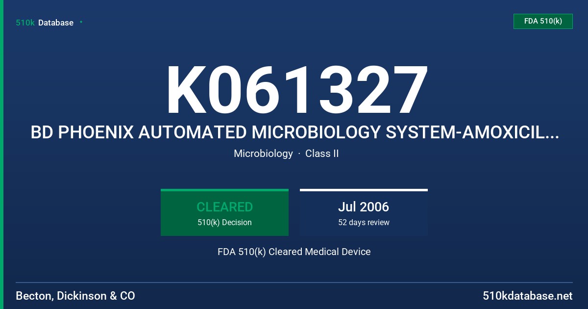 K061327 BD PHOENIX AUTOMATED MICROBIOLOGY SYSTEM-AMOXICILLIN-CLAVULANATE (GN) 0.5/0.25-32/16 UG/ML, AMPICILLIN-SULBACTAM (GN) 0. FDA 510(k) Cleared Medical Device