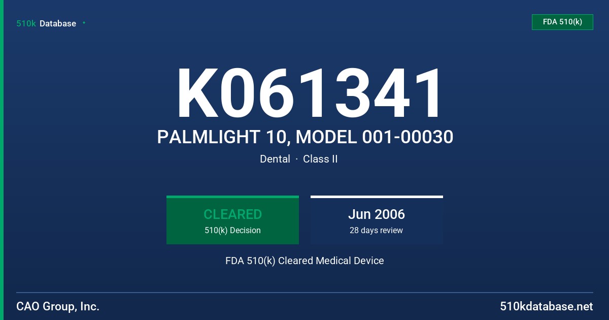 K061341 PALMLIGHT 10, MODEL 001-00030 FDA 510(k) Cleared Medical Device