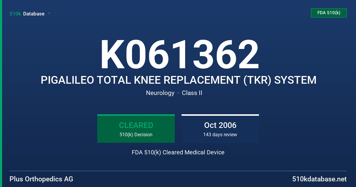 K061362 PIGALILEO TOTAL KNEE REPLACEMENT (TKR) SYSTEM FDA 510(k) Cleared Medical Device