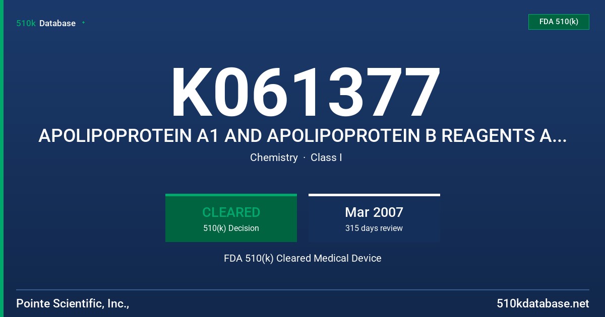 K061377 APOLIPOPROTEIN A1 AND APOLIPOPROTEIN B REAGENTS AND CALIBRATORS FDA 510(k) Cleared Medical Device