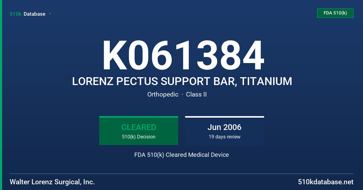 K061384 LORENZ PECTUS SUPPORT BAR, TITANIUM FDA 510(k) Cleared Medical Device