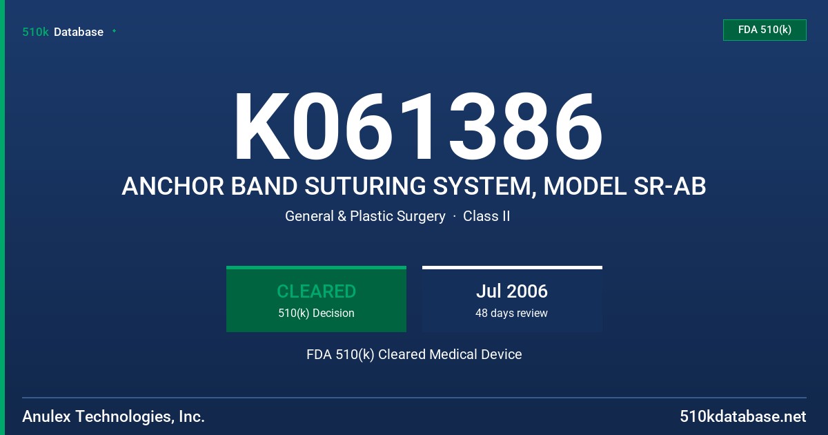 K061386 ANCHOR BAND SUTURING SYSTEM, MODEL SR-AB FDA 510(k) Cleared Medical Device