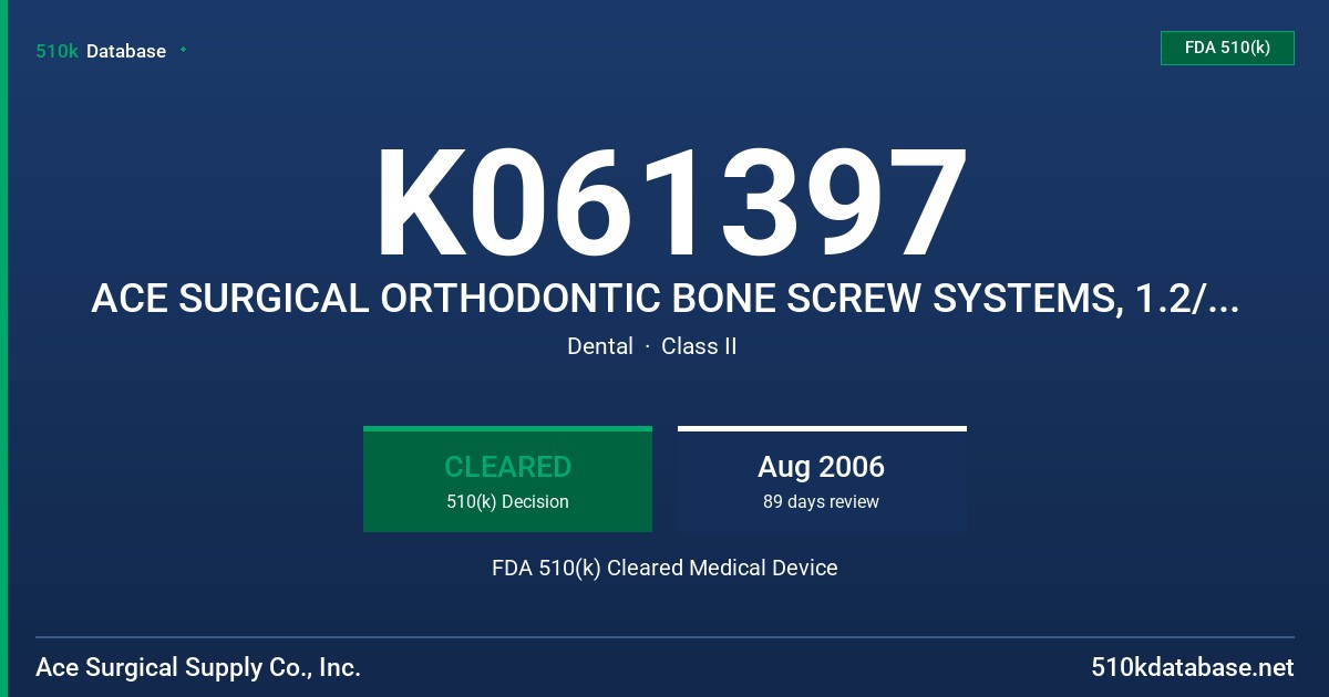 K061397 ACE SURGICAL ORTHODONTIC BONE SCREW SYSTEMS, 1.2/1.5 MM X 6MM,8MM, MODEL 454-91001,454-91002 AND 1.2/1.5MM X 6,8,10MM, M FDA 510(k) Cleared Medical Device