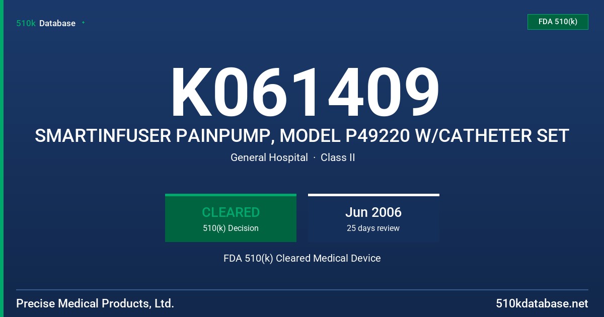 K061409 SMARTINFUSER PAINPUMP, MODEL P49220 W/CATHETER SET FDA 510(k) Cleared Medical Device