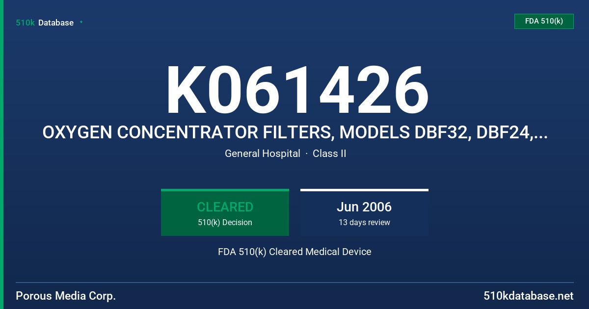 K061426 OXYGEN CONCENTRATOR FILTERS, MODELS DBF32, DBF24, DBF27, DBF25, DFC06 AND DDF47 FDA 510(k) Cleared Medical Device