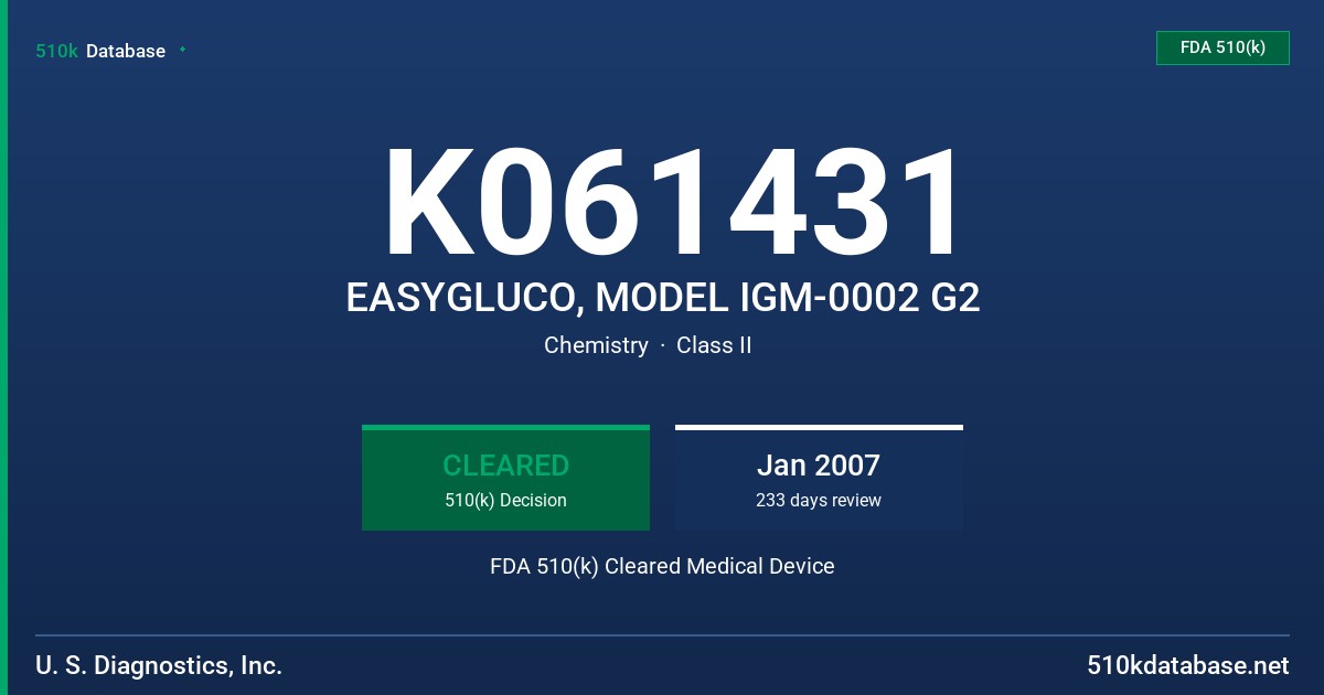 K061431 EASYGLUCO, MODEL IGM-0002 G2 FDA 510(k) Cleared Medical Device