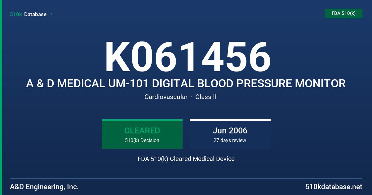 K061456 A & D MEDICAL UM-101 DIGITAL BLOOD PRESSURE MONITOR FDA 510(k) Cleared Medical Device