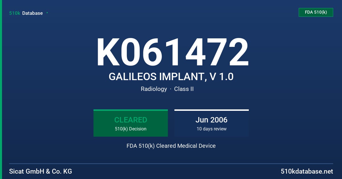 K061472 GALILEOS IMPLANT, V 1.0 FDA 510(k) Cleared Medical Device