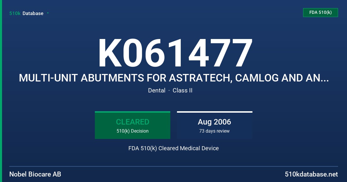 K061477 MULTI-UNIT ABUTMENTS FOR ASTRATECH, CAMLOG AND ANKYLOS IMPLANT SYSTEMS FDA 510(k) Cleared Medical Device