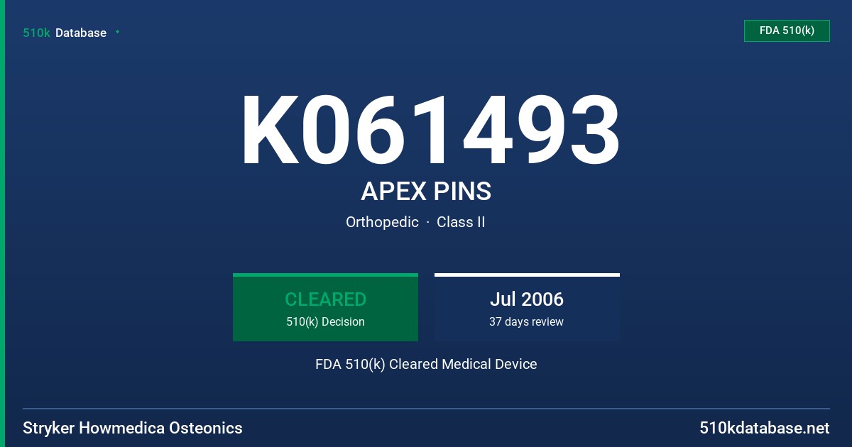 K061493 APEX PINS FDA 510(k) Cleared Medical Device