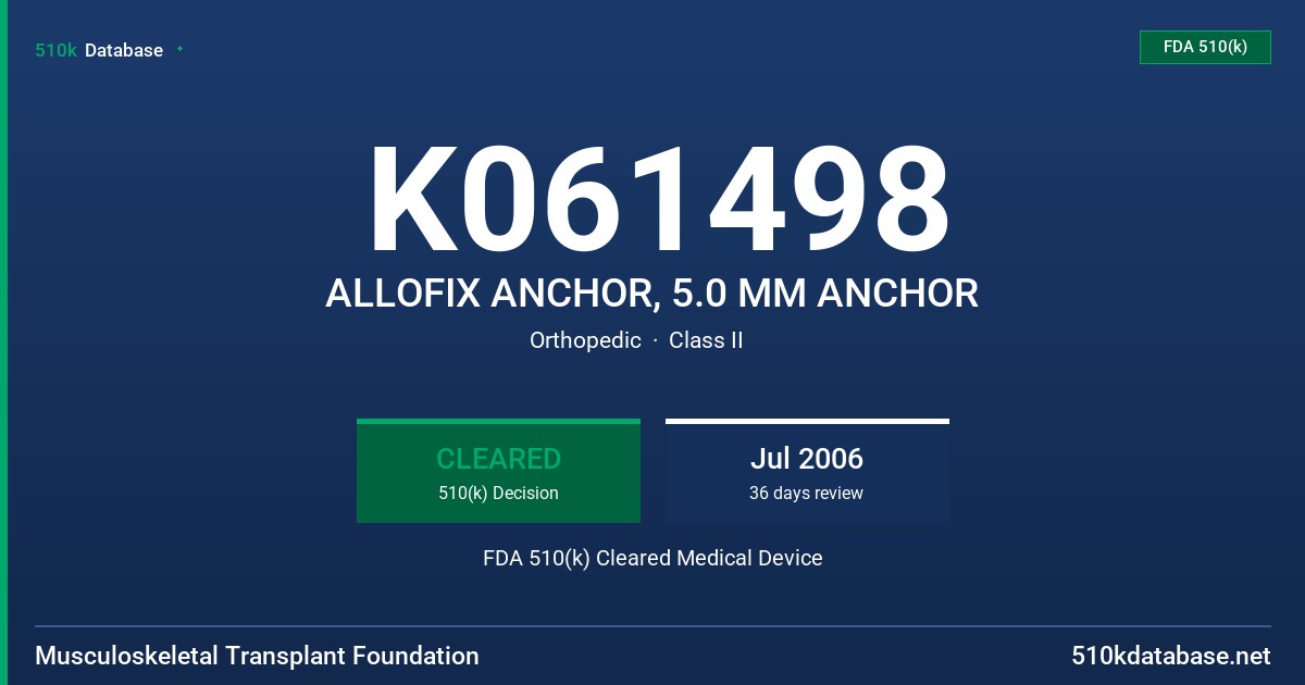 K061498 ALLOFIX ANCHOR, 5.0 MM ANCHOR FDA 510(k) Cleared Medical Device