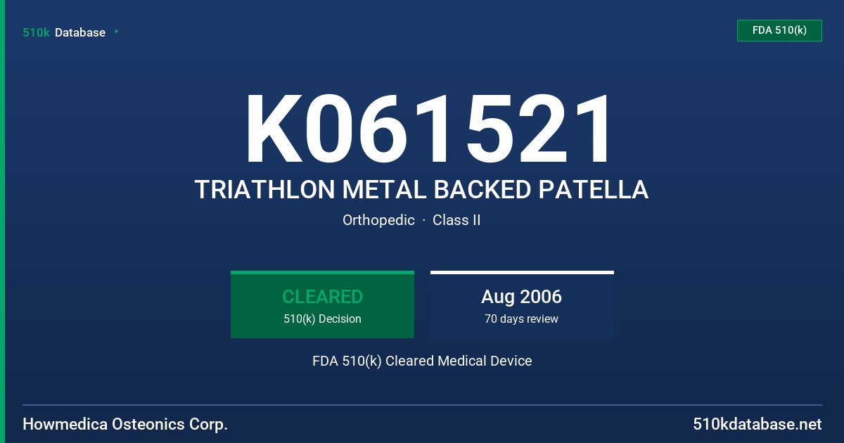 K061521 TRIATHLON METAL BACKED PATELLA FDA 510(k) Cleared Medical Device