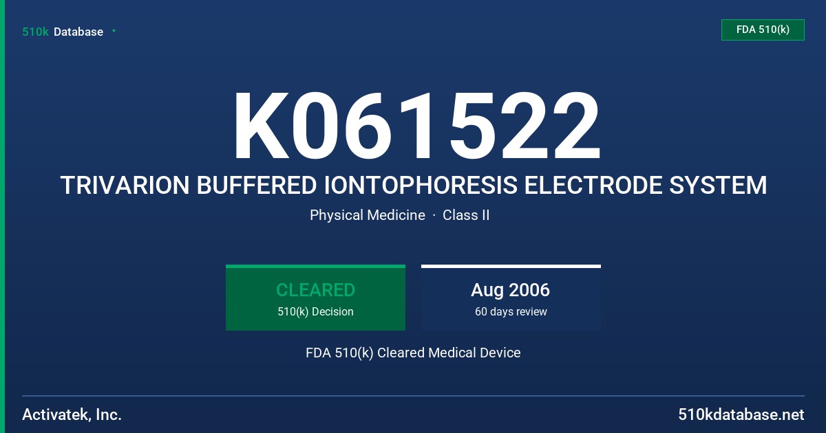 K061522 TRIVARION BUFFERED IONTOPHORESIS ELECTRODE SYSTEM FDA 510(k) Cleared Medical Device