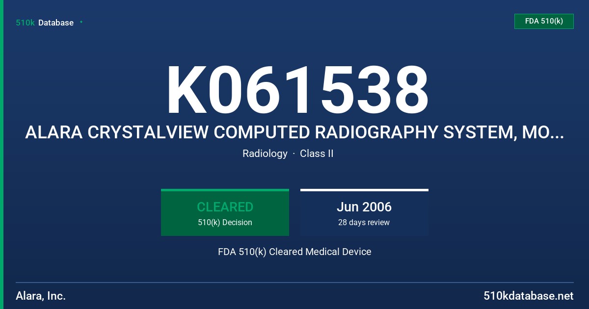 K061538 ALARA CRYSTALVIEW COMPUTED RADIOGRAPHY SYSTEM, MODEL R200 FDA 510(k) Cleared Medical Device