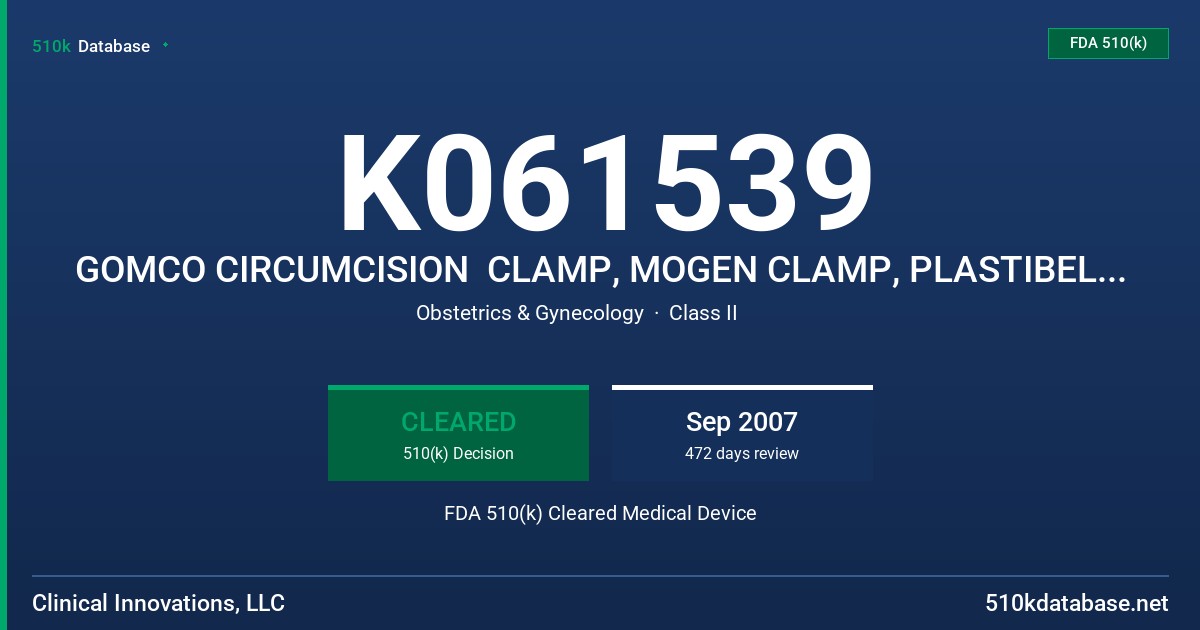 K061539 GOMCO CIRCUMCISION  CLAMP, MOGEN CLAMP, PLASTIBELL CIRCUMCISION DEVICE FDA 510(k) Cleared Medical Device
