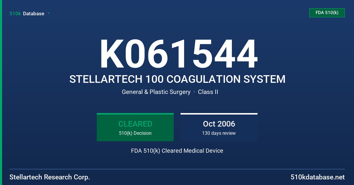 K061544 STELLARTECH 100 COAGULATION SYSTEM FDA 510(k) Cleared Medical Device