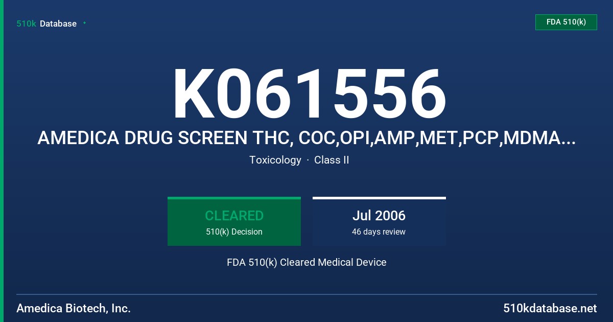 K061556 AMEDICA DRUG SCREEN THC, COC,OPI,AMP,MET,PCP,MDMA,BAR,BZO, FDA 510(k) Cleared Medical Device