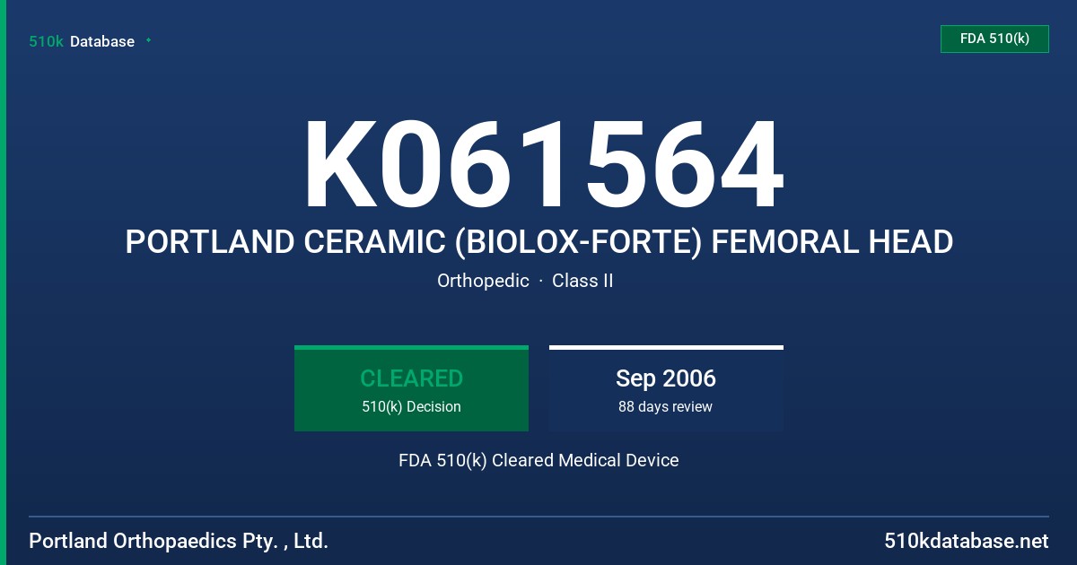 K061564 PORTLAND CERAMIC (BIOLOX-FORTE) FEMORAL HEAD FDA 510(k) Cleared Medical Device