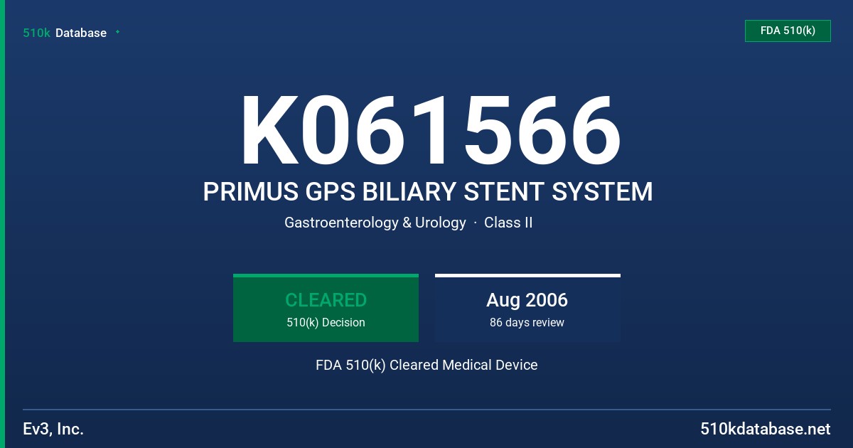 K061566 PRIMUS GPS BILIARY STENT SYSTEM FDA 510(k) Cleared Medical Device