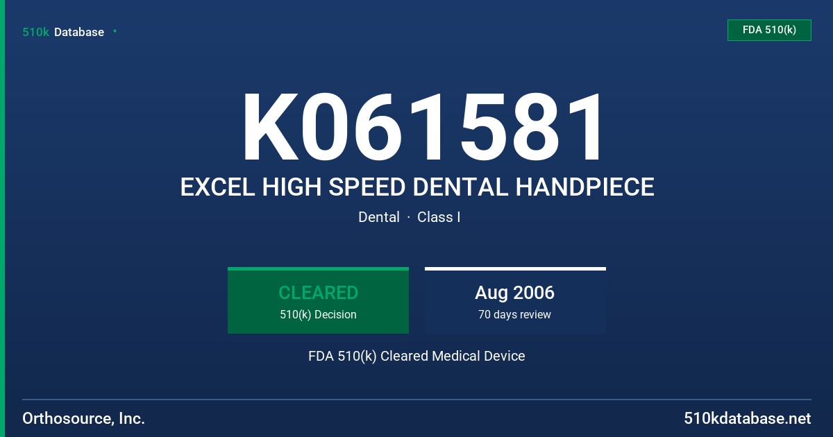 K061581 EXCEL HIGH SPEED DENTAL HANDPIECE FDA 510(k) Cleared Medical Device