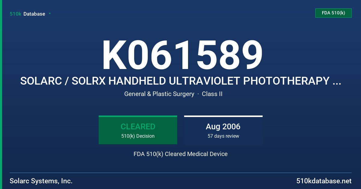 K061589 SOLARC / SOLRX HANDHELD ULTRAVIOLET PHOTOTHERAPY LAMP UNIT FAMILY FDA 510(k) Cleared Medical Device
