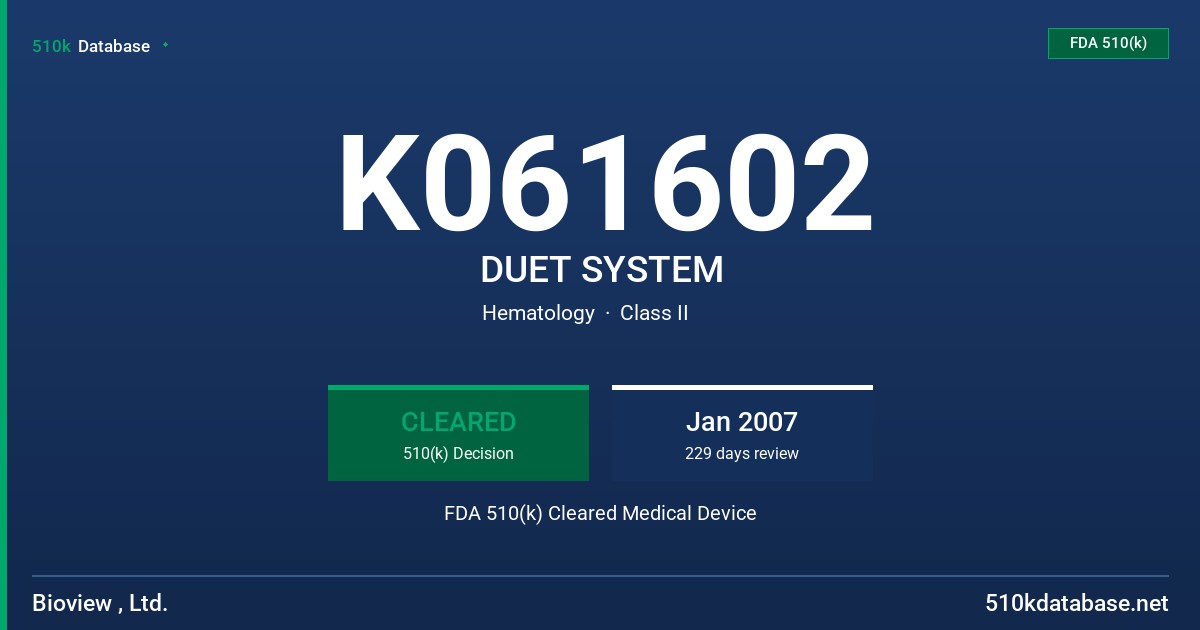 K061602 DUET SYSTEM FDA 510(k) Cleared Medical Device