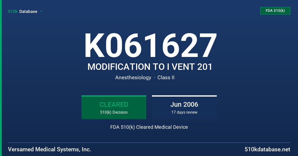 K061627 MODIFICATION TO I VENT 201 FDA 510(k) Cleared Medical Device