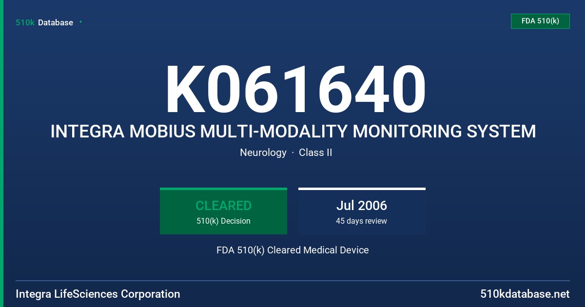 K061640 INTEGRA MOBIUS MULTI-MODALITY MONITORING SYSTEM FDA 510(k) Cleared Medical Device