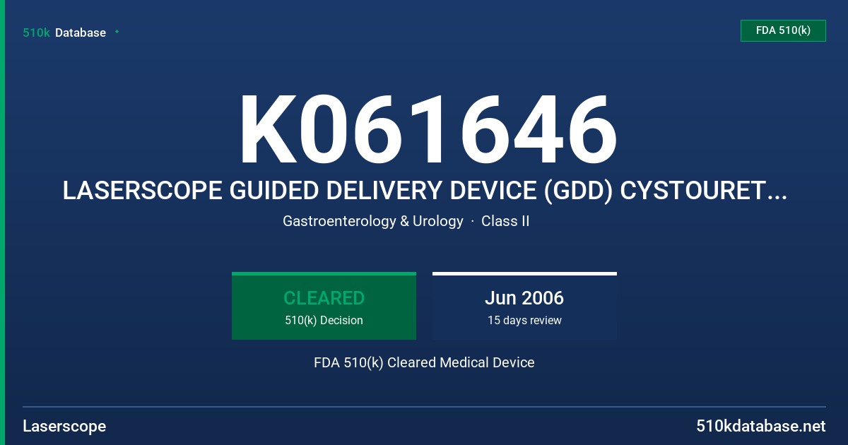 K061646 LASERSCOPE GUIDED DELIVERY DEVICE (GDD) CYSTOURETHROSCOPE & ACCESSORIES FDA 510(k) Cleared Medical Device