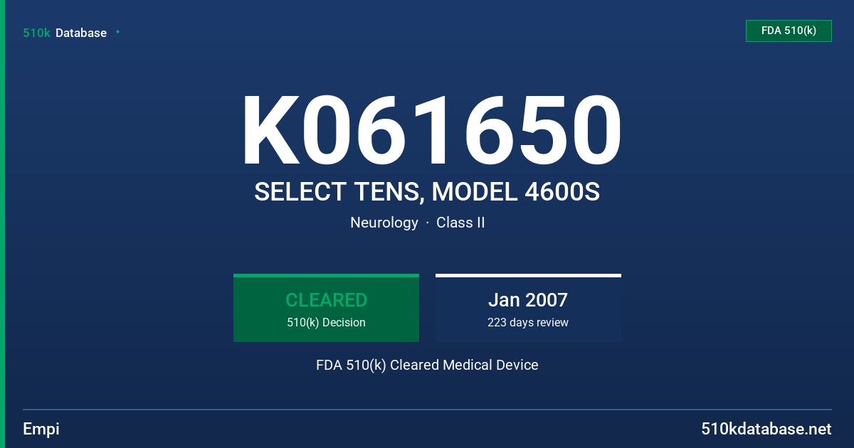 K061650 SELECT TENS, MODEL 4600S FDA 510(k) Cleared Medical Device