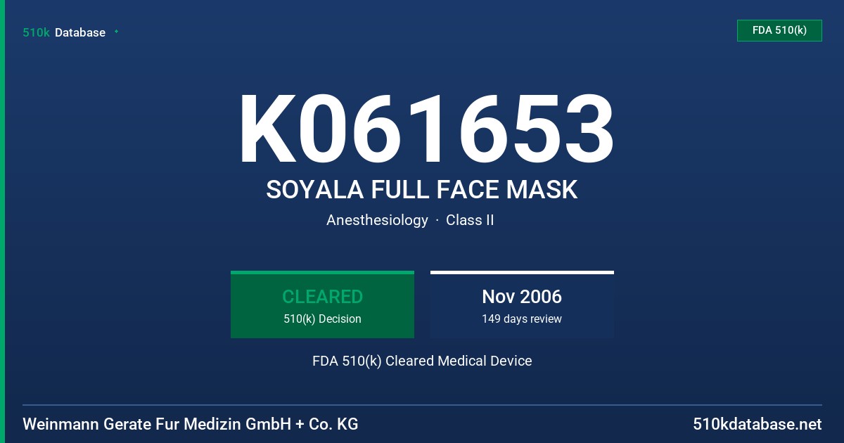 K061653 SOYALA FULL FACE MASK FDA 510(k) Cleared Medical Device