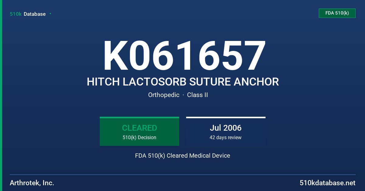 K061657 HITCH LACTOSORB SUTURE ANCHOR FDA 510(k) Cleared Medical Device