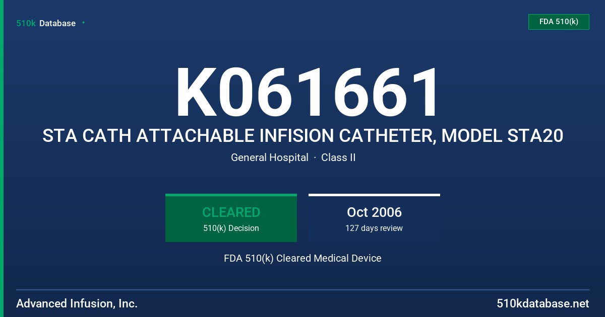 K061661 STA CATH ATTACHABLE INFISION CATHETER, MODEL STA20 FDA 510(k) Cleared Medical Device