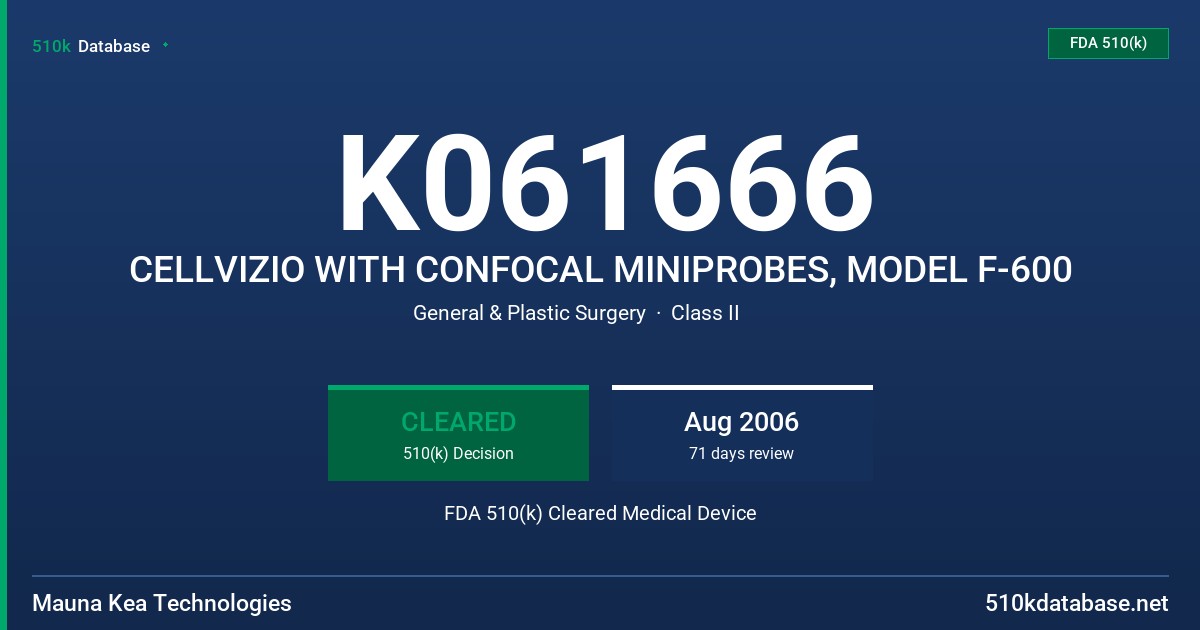 K061666 CELLVIZIO WITH CONFOCAL MINIPROBES, MODEL F-600 FDA 510(k) Cleared Medical Device