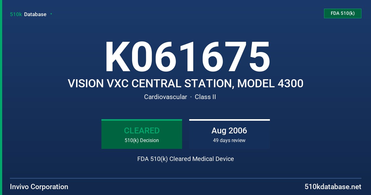 K061675 VISION VXC CENTRAL STATION, MODEL 4300 FDA 510(k) Cleared Medical Device