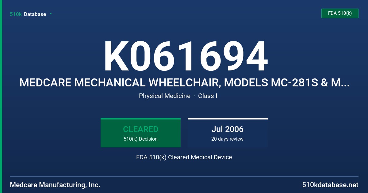 K061694 MEDCARE MECHANICAL WHEELCHAIR, MODELS MC-281S & MC-200S FDA 510(k) Cleared Medical Device