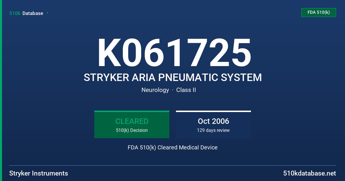 K061725 STRYKER ARIA PNEUMATIC SYSTEM FDA 510(k) Cleared Medical Device