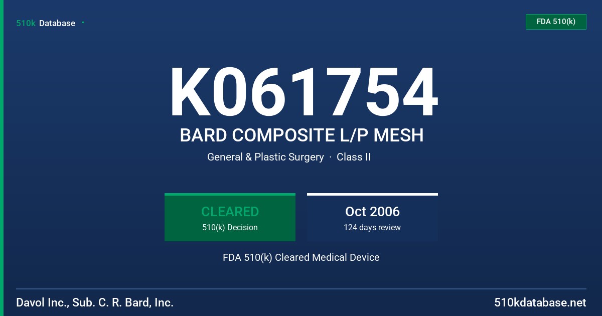K061754 BARD COMPOSITE L/P MESH FDA 510(k) Cleared Medical Device