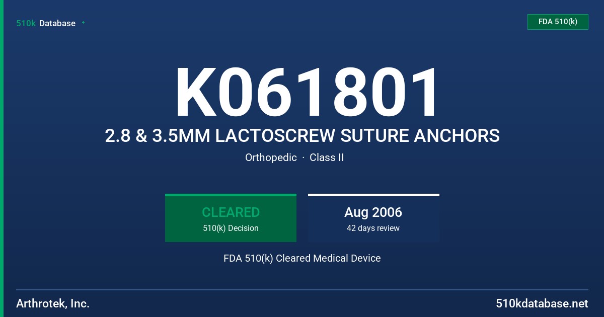 K061801 2.8 & 3.5MM LACTOSCREW SUTURE ANCHORS FDA 510(k) Cleared Medical Device