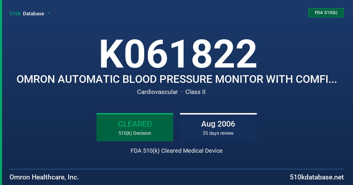 K061822 OMRON AUTOMATIC BLOOD PRESSURE MONITOR WITH COMFIT CUFF, MODEL HEM 780 N3 FDA 510(k) Cleared Medical Device