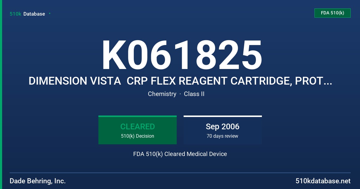 K061825 DIMENSION VISTA  CRP FLEX REAGENT CARTRIDGE, PROTEIN 2 CALIBRATOR, CONTROL LOW AND CONTROL HIGH FDA 510(k) Cleared Medical Device