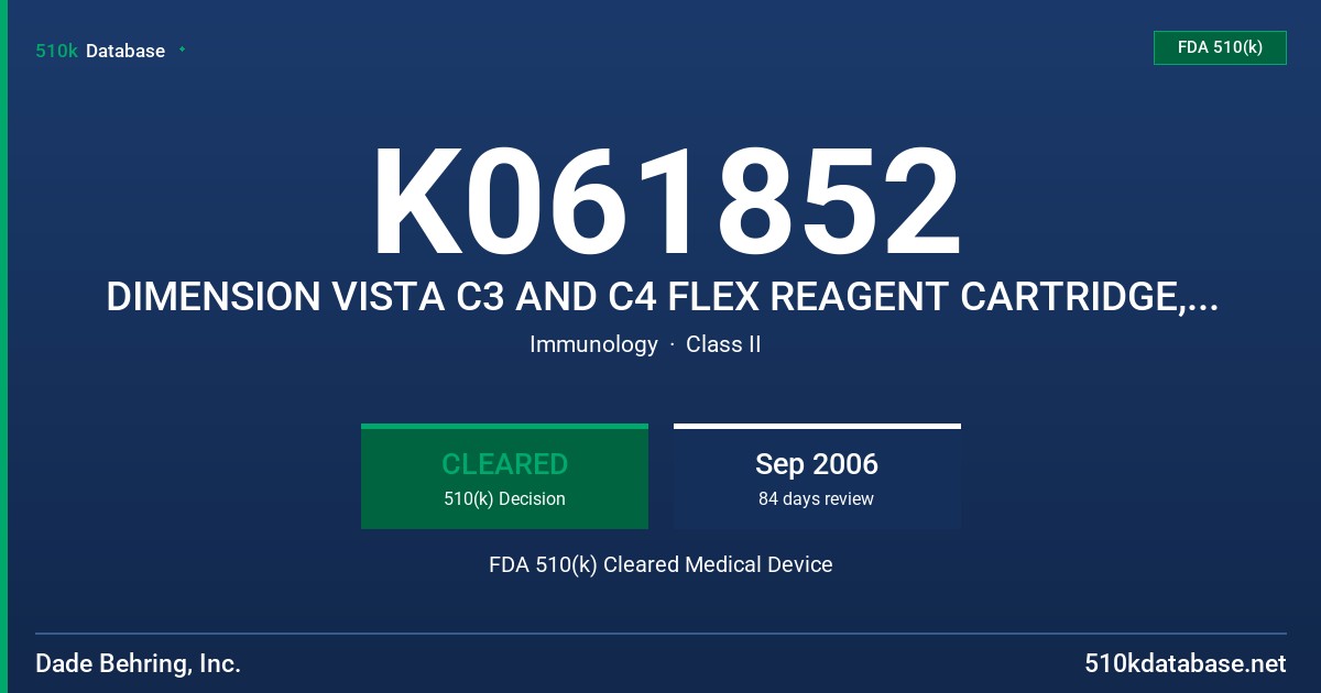 K061852 DIMENSION VISTA C3 AND C4 FLEX REAGENT CARTRIDGE, PROTEIN 1 CALIBRATOR, CONTROL LOW, MEDIUM, HIGH FDA 510(k) Cleared Medical Device