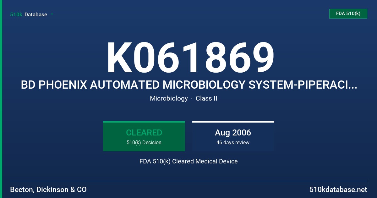 K061869 BD PHOENIX AUTOMATED MICROBIOLOGY SYSTEM-PIPERACILLIN-TAZOBACTAM (GP) 1/4-128/4 UG/ML FDA 510(k) Cleared Medical Device