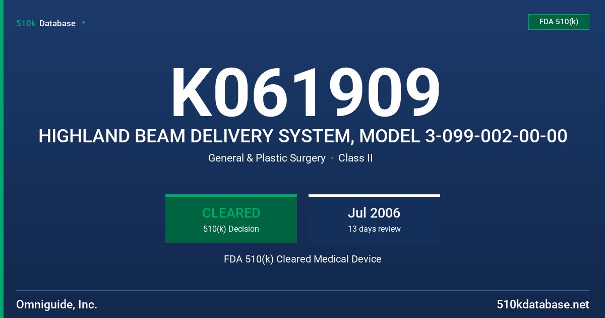 K061909 HIGHLAND BEAM DELIVERY SYSTEM, MODEL 3-099-002-00-00 FDA 510(k) Cleared Medical Device