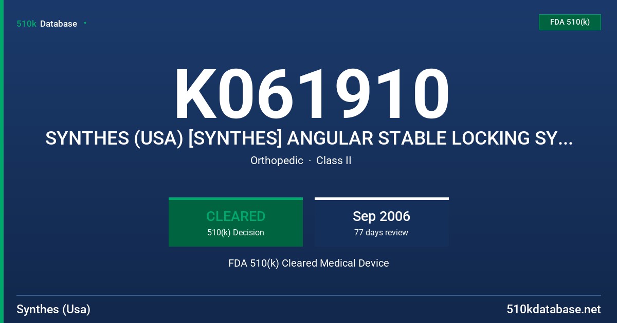 K061910 SYNTHES (USA) [SYNTHES] ANGULAR STABLE LOCKING SYSTEM (ASLS) FDA 510(k) Cleared Medical Device
