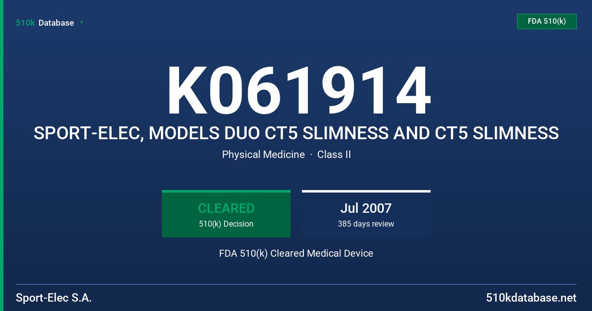 K061914 SPORT-ELEC, MODELS DUO CT5 SLIMNESS AND CT5 SLIMNESS FDA 510(k) Cleared Medical Device
