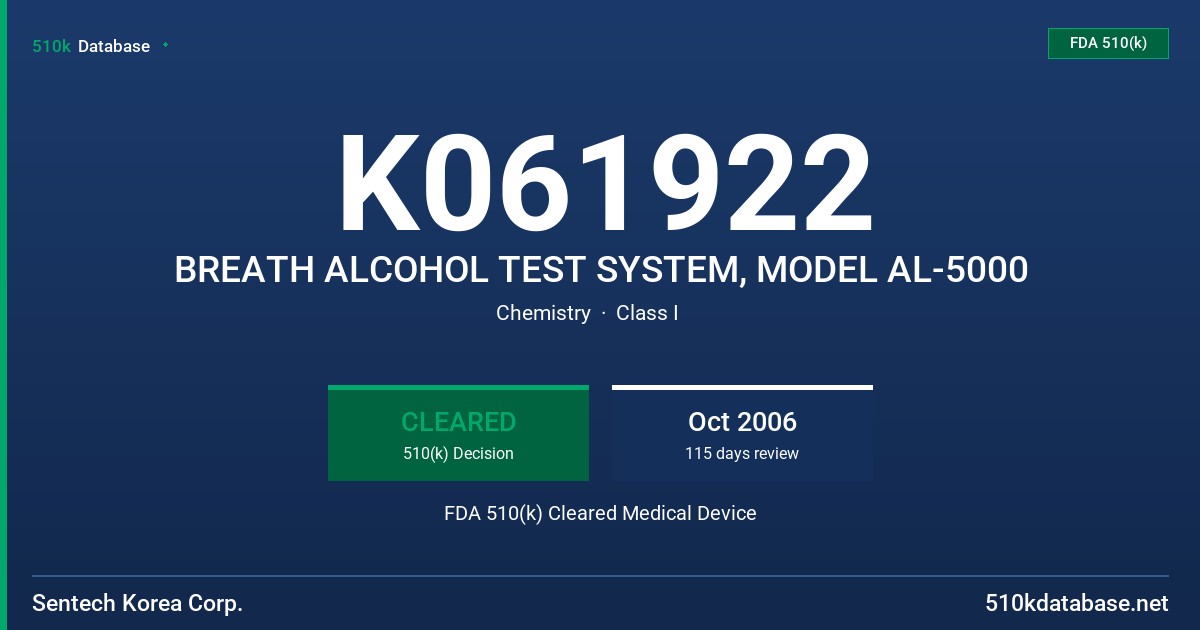 K061922 BREATH ALCOHOL TEST SYSTEM, MODEL AL-5000 FDA 510(k) Cleared Medical Device
