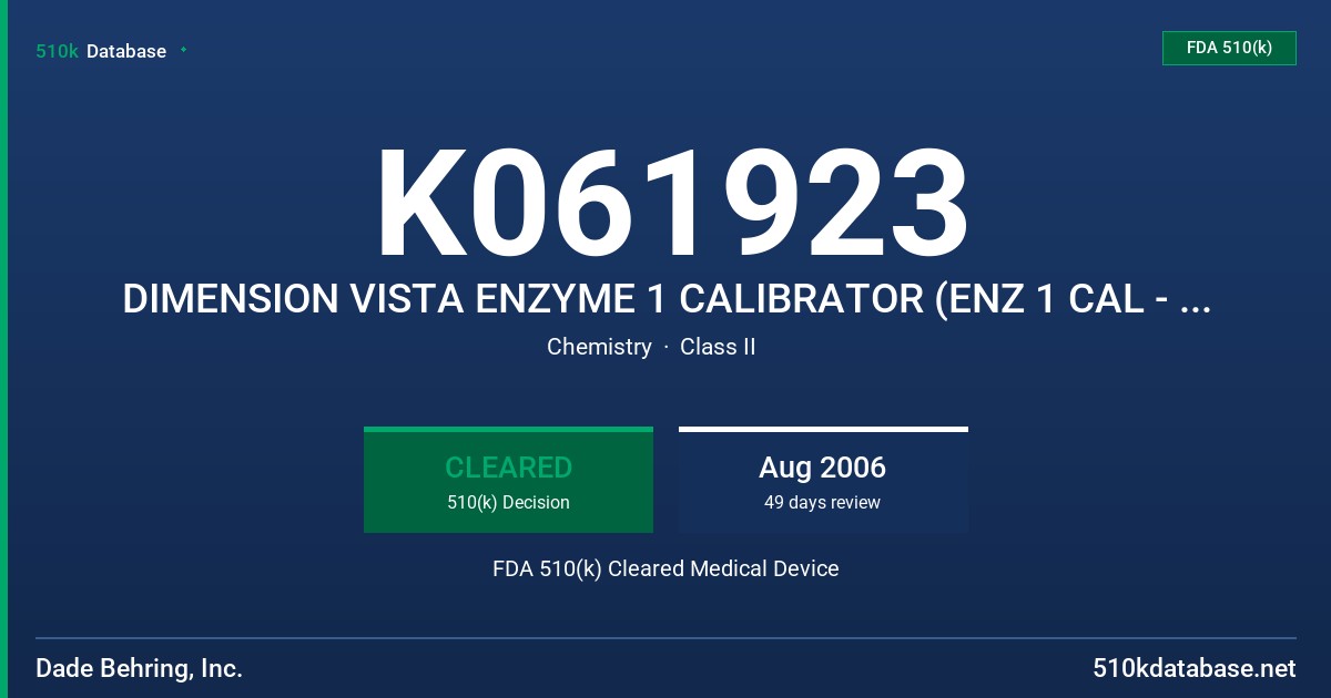 K061923 DIMENSION VISTA ENZYME 1 CALIBRATOR (ENZ 1 CAL - KC310) FDA 510(k) Cleared Medical Device