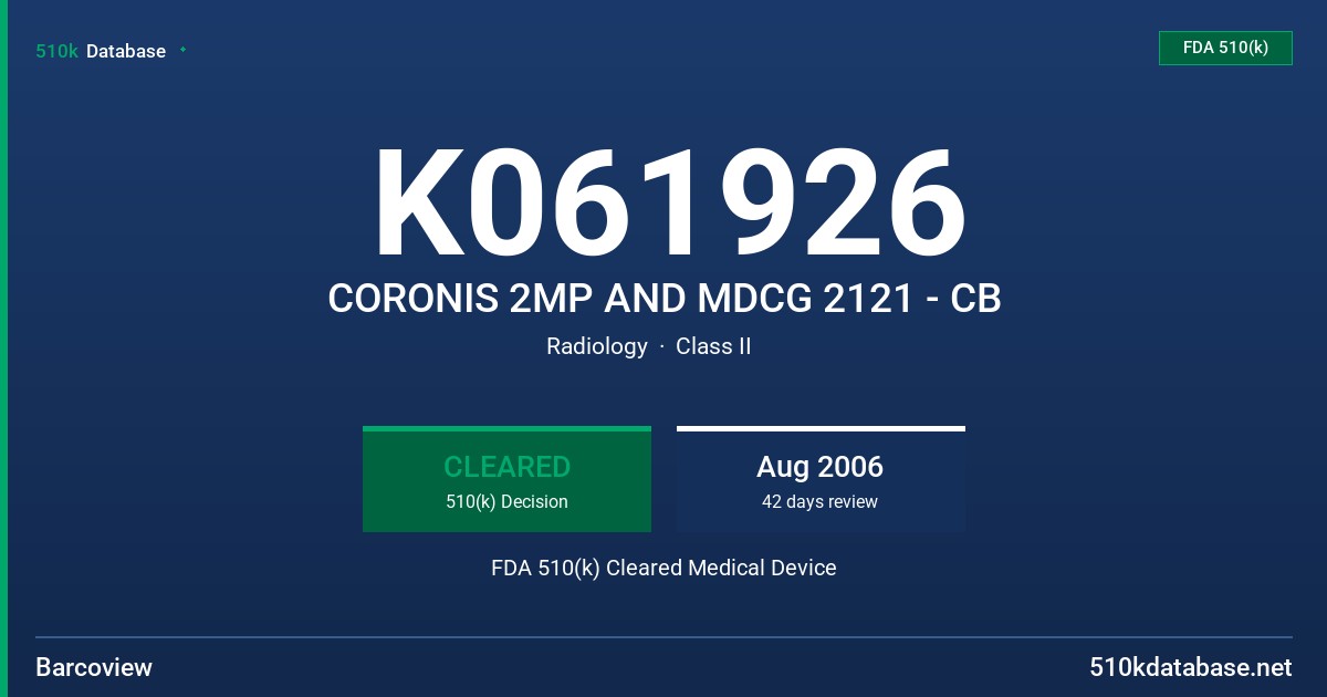 K061926 CORONIS 2MP AND MDCG 2121 - CB FDA 510(k) Cleared Medical Device